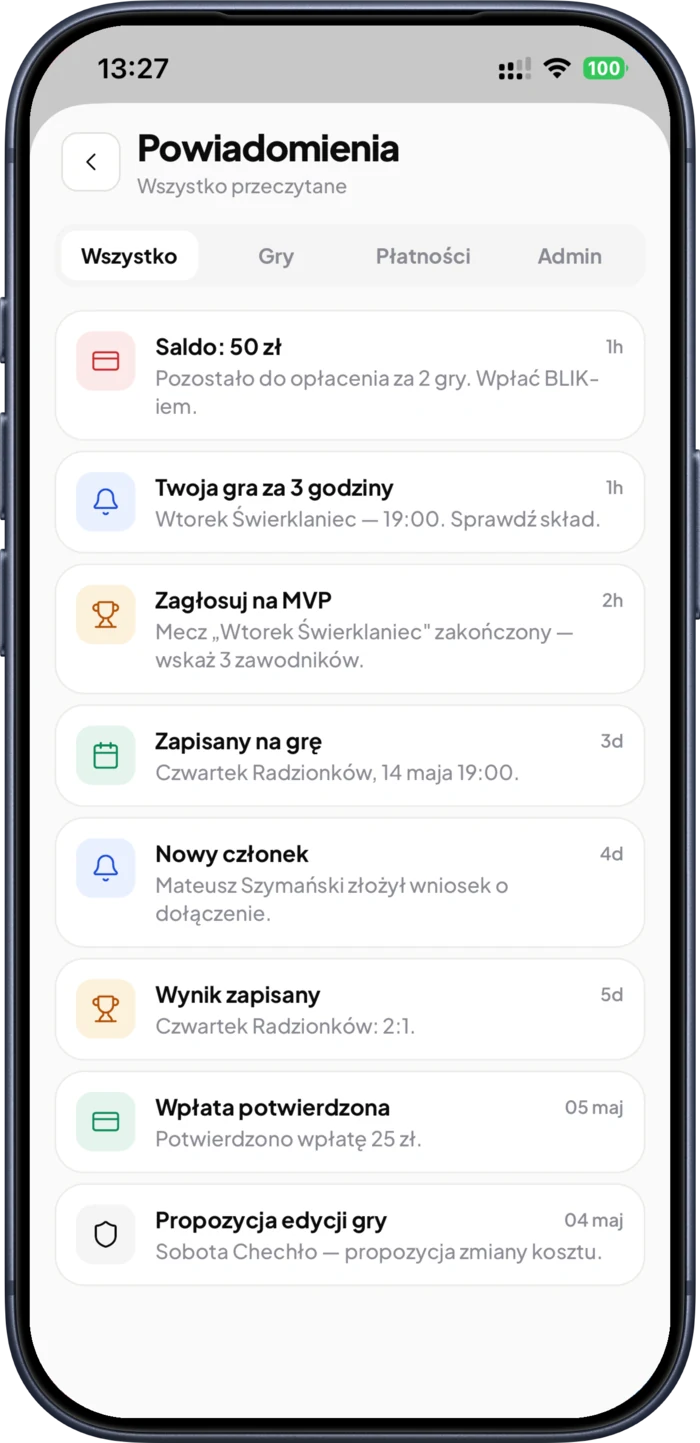 Ekran powiadomień — alerty o grach, płatnościach i decyzjach admina