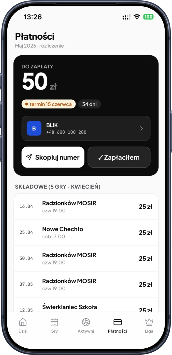 Ekran płatności i salda sezonu — księgowość bez Excela